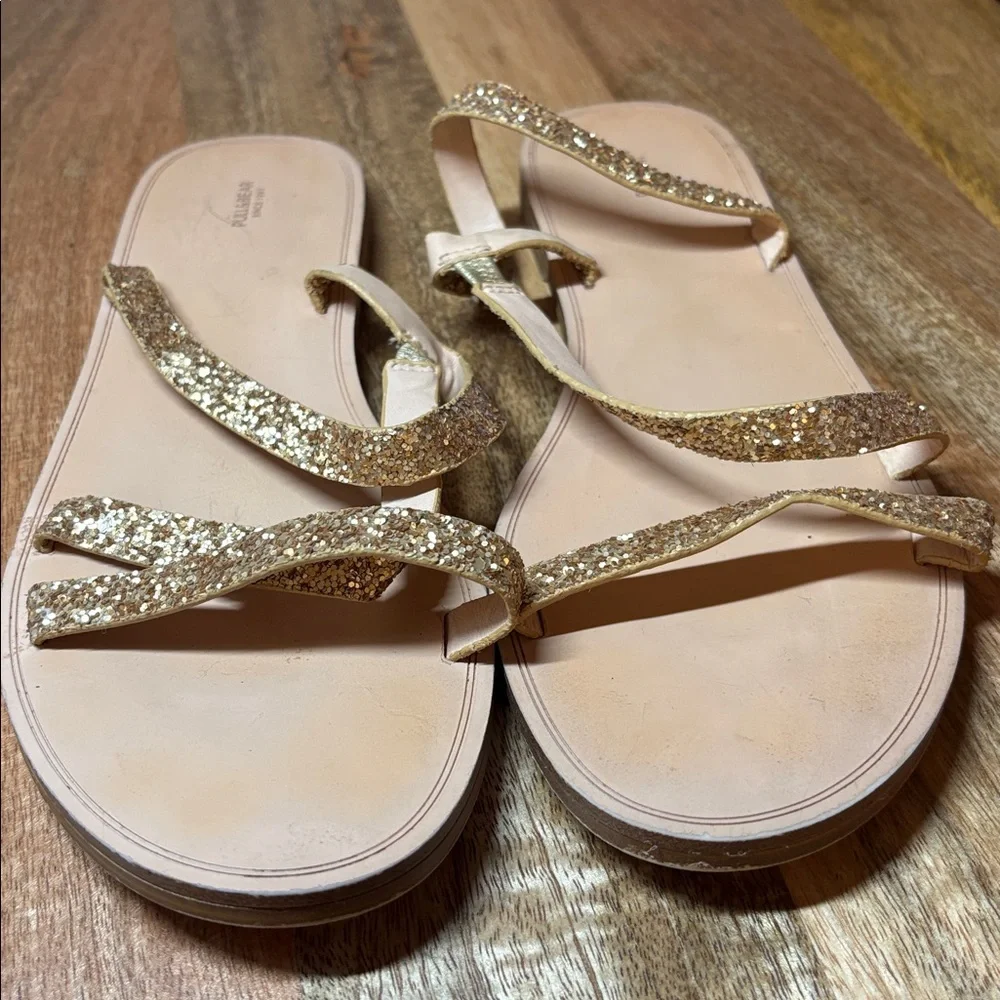 Pull & Bear Leather Gold Textured Strap Flat Sandals Size 40
